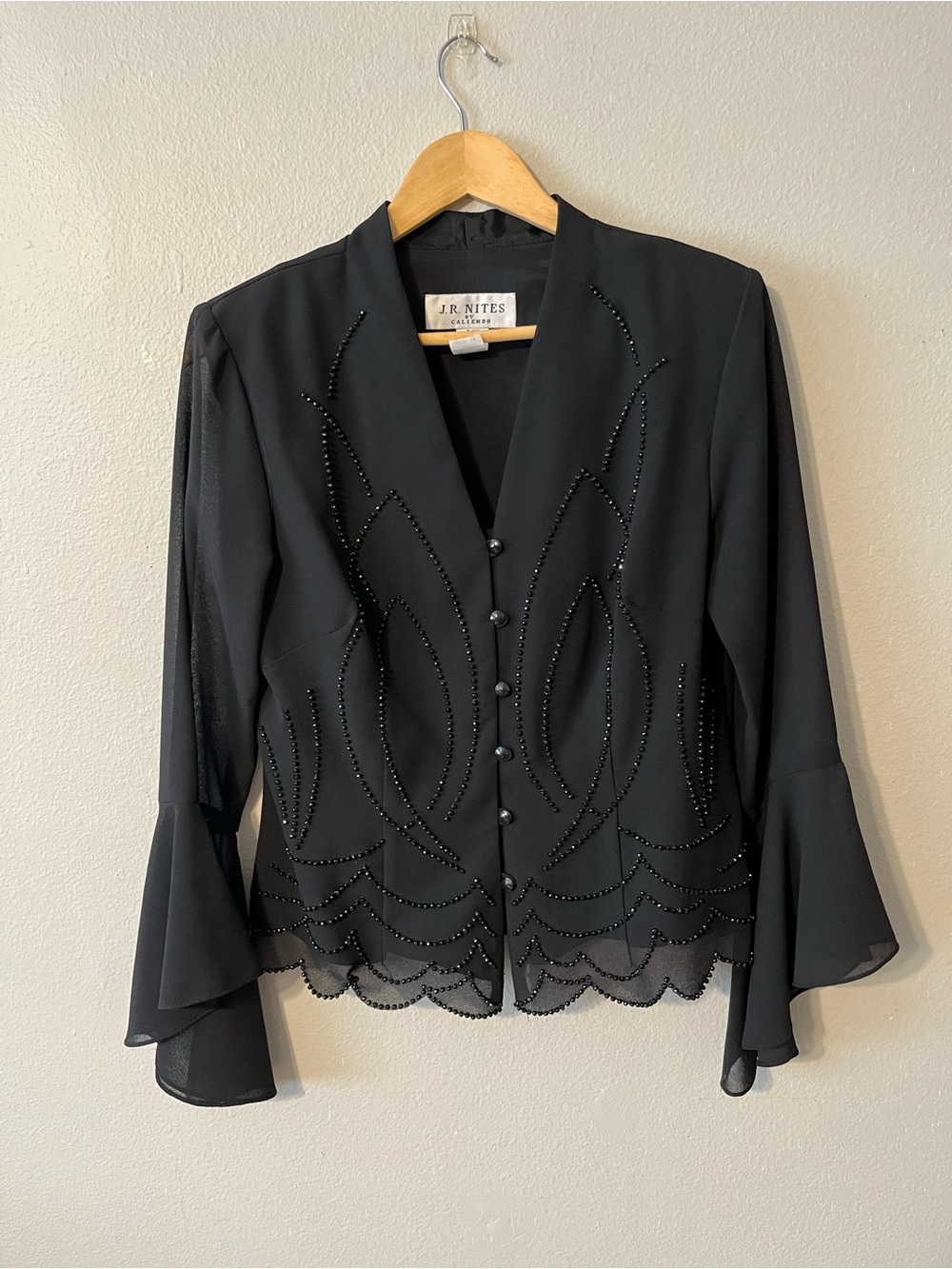 Vintage Black Beaded Evening Blazer Gothic 
Whimsical Romantic Bell Sleeves Sz10
